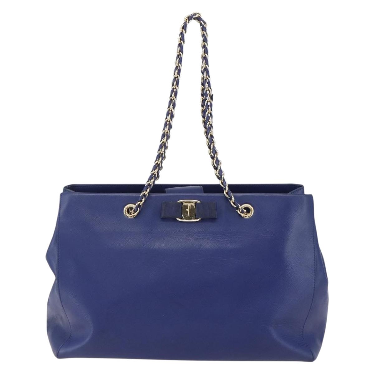 Salvatore Ferragamo Vala Chain Tote Bag Leather Blue Gold Auth BA7531