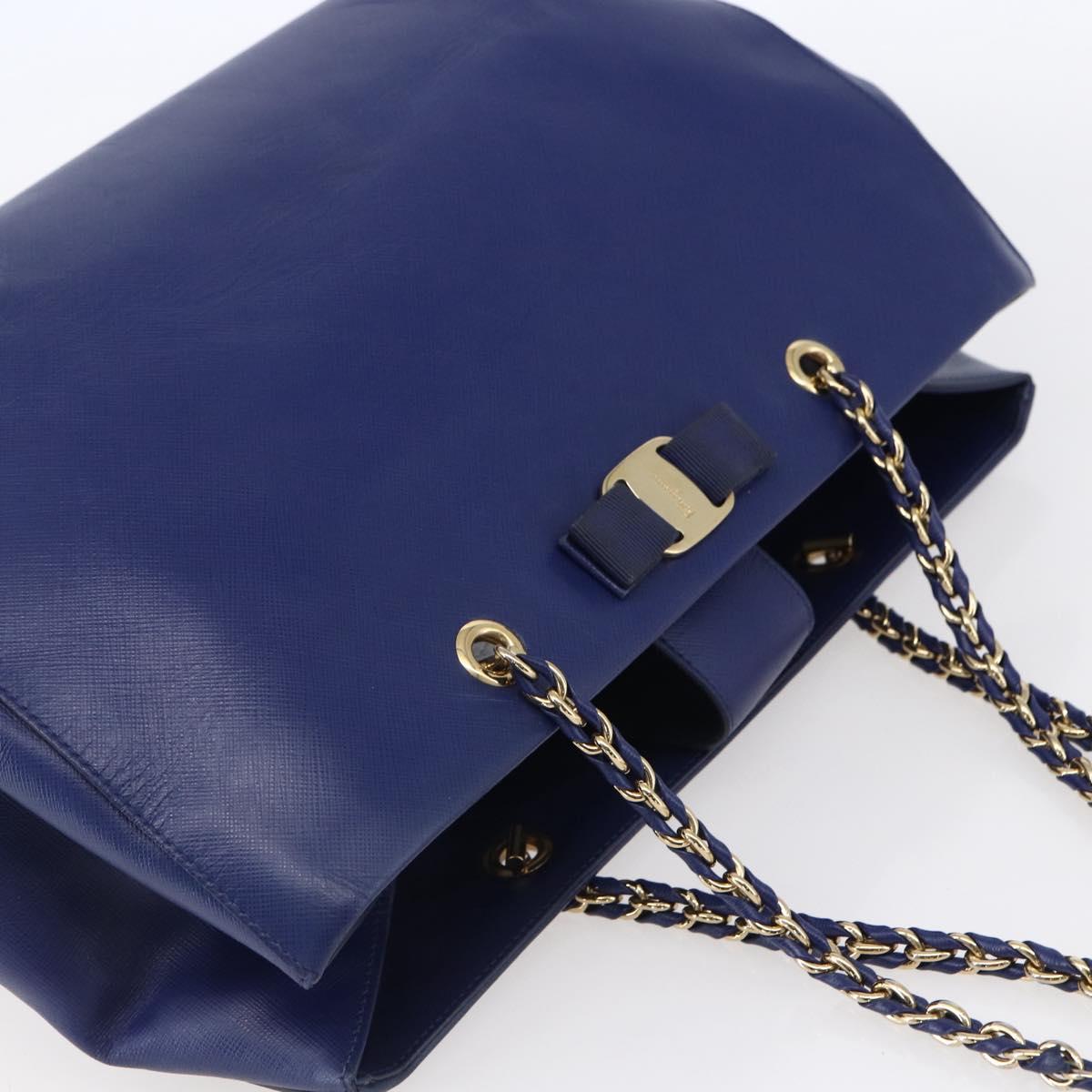 Salvatore Ferragamo Vala Chain Tote Bag Leather Blue Gold Auth BA7531