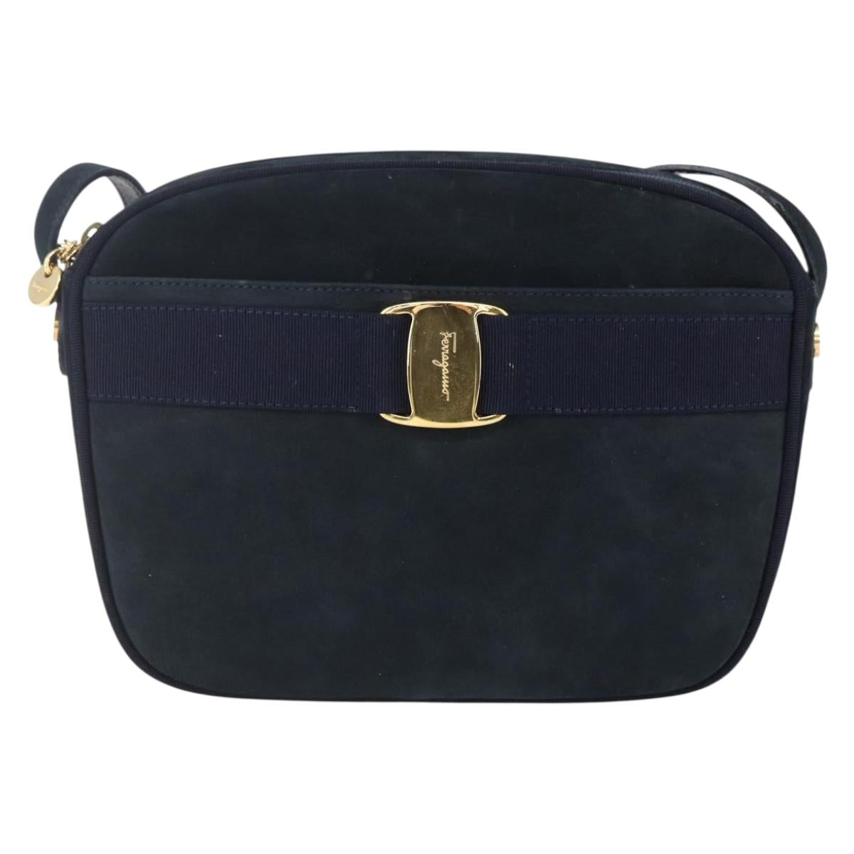 Salvatore Ferragamo Vala Shoulder Bag Leather Navy Gold Auth BA7533