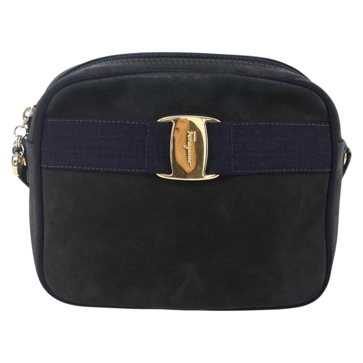 Salvatore Ferragamo Vala Shoulder Bag Suede Navy Gold Auth BA7534