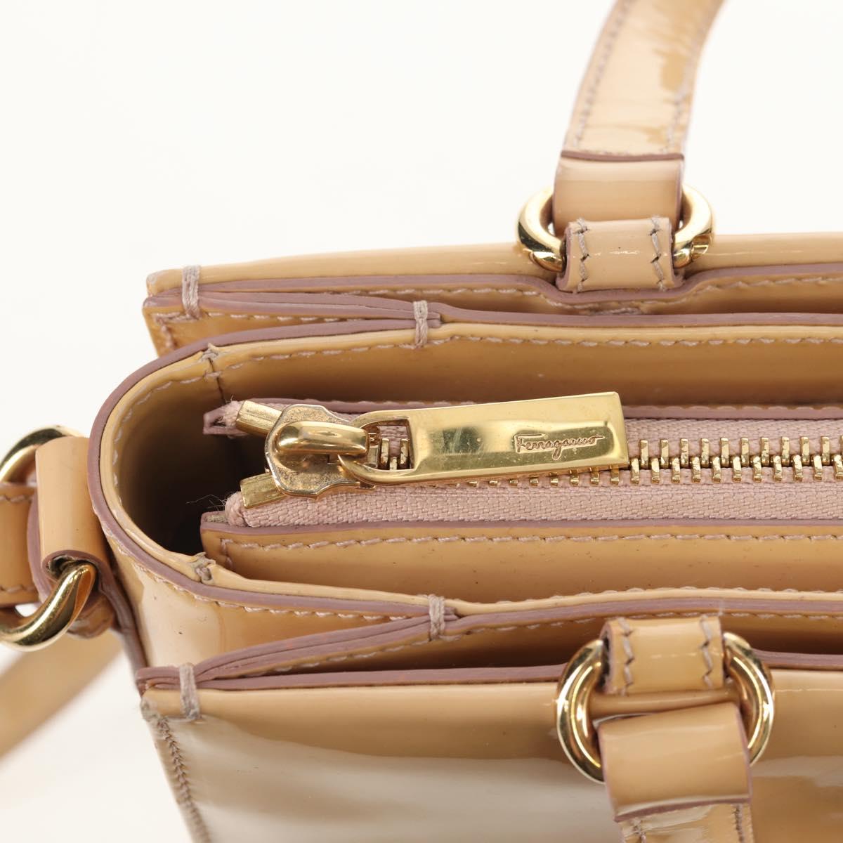 Salvatore Ferragamo Hand Bag Enamel 2way Beige Gold Auth BA7537