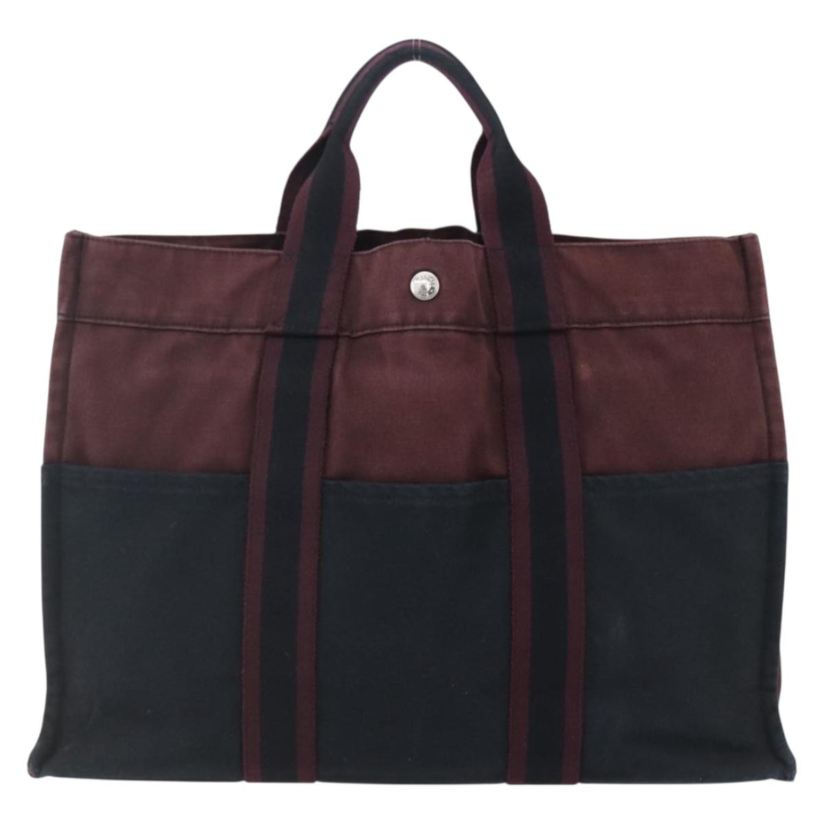 HERMES Fourre Tout MM Hand Bag Canvas Bordeaux Black Auth BA7546