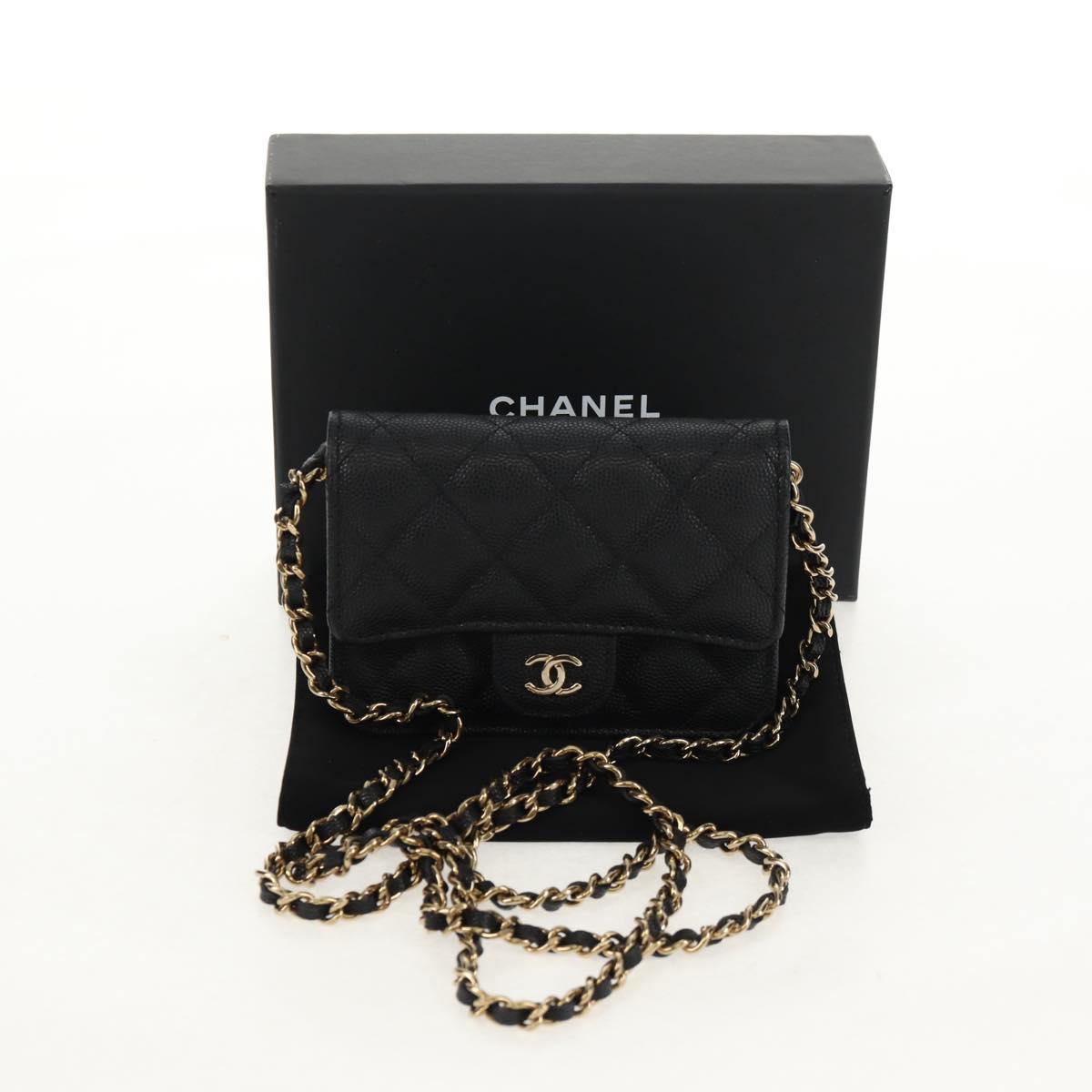 CHANEL Matelasse Chain Shoulder Bag Caviar Skin Black Gold CC Auth BA7560M