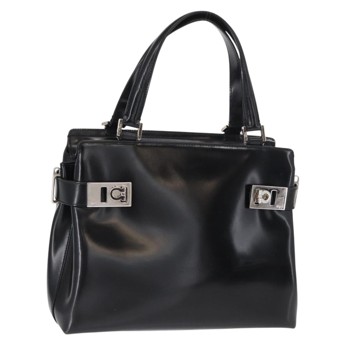 Salvatore Ferragamo Gancini Hand Bag Leather Silver Black Auth BA7660