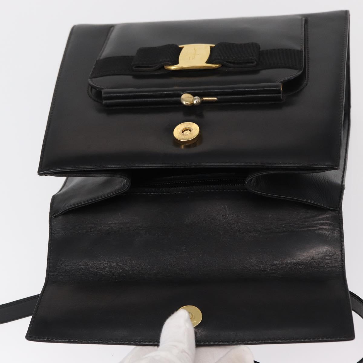 Salvatore Ferragamo Vala Hand Bag Leather 2way Black Gold Auth BA7663
