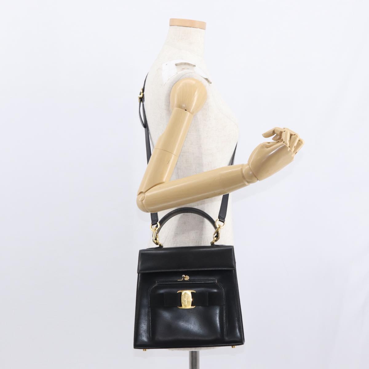 Salvatore Ferragamo Vala Hand Bag Leather 2way Black Gold Auth BA7663