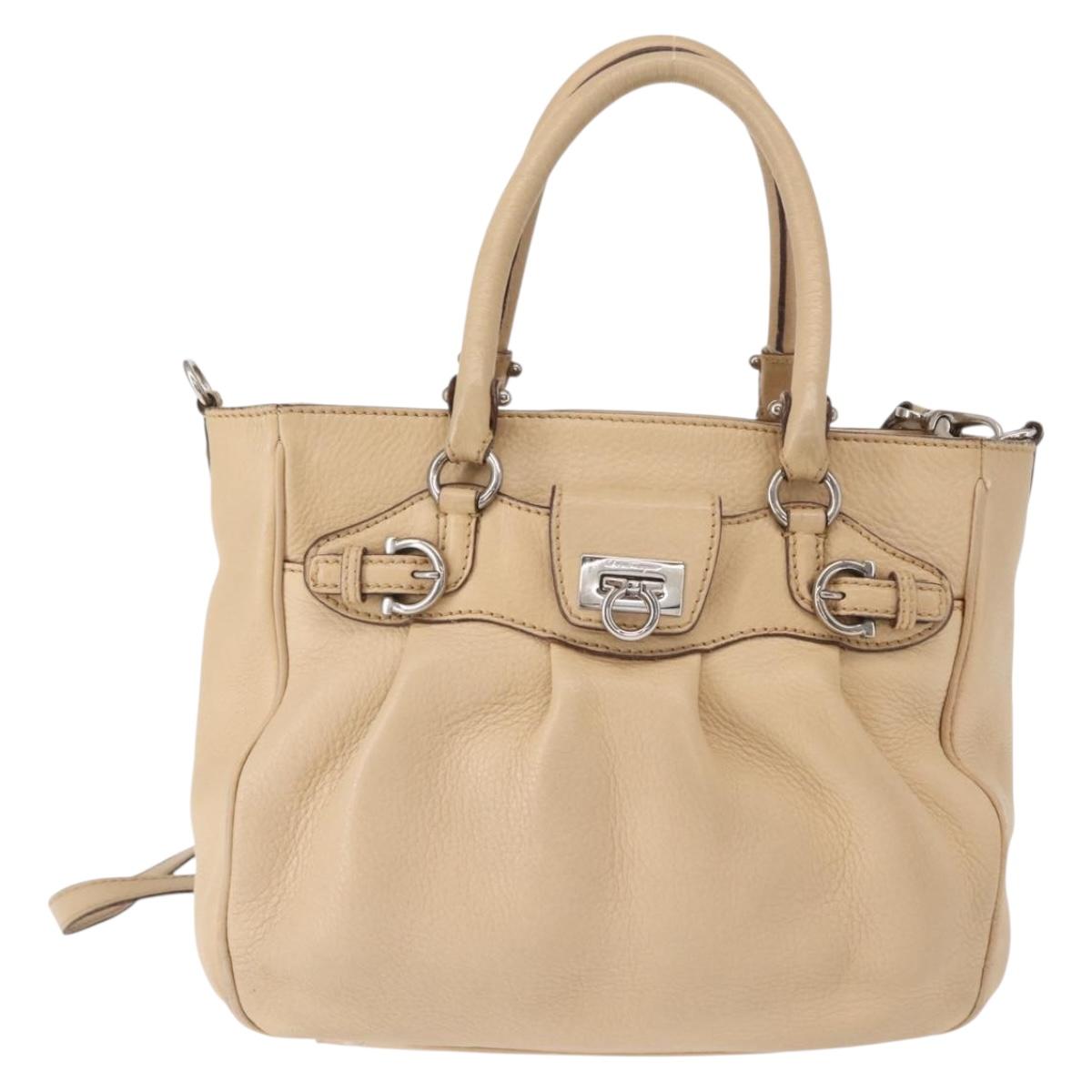 Salvatore Ferragamo Hand Bag Leather 2way Beige Silver Auth BA7666