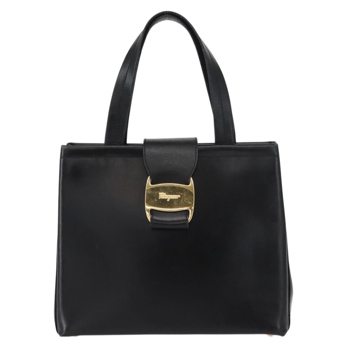 Salvatore Ferragamo Vala Hand Bag Leather Black Gold Auth BA7667