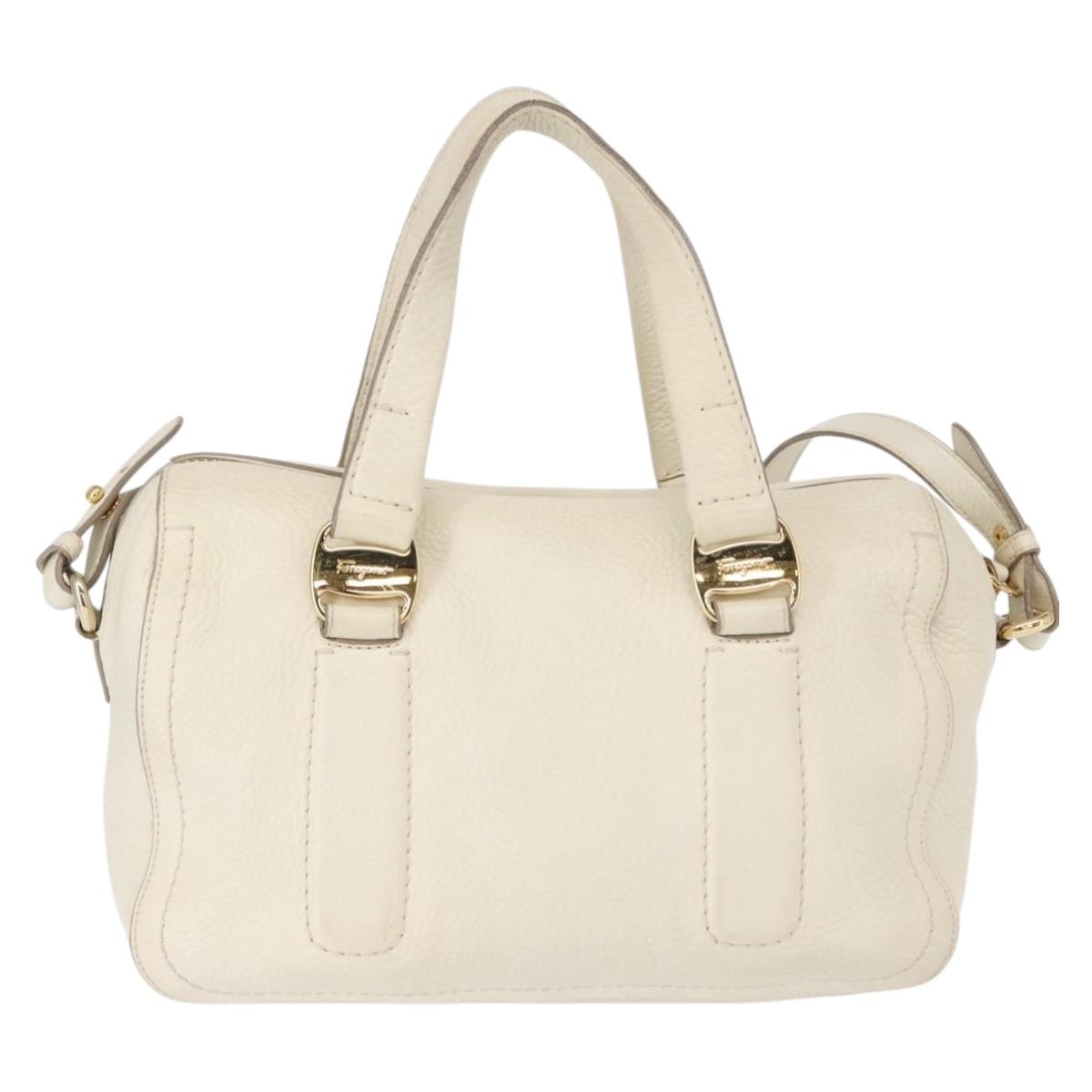 Salvatore Ferragamo Vala Hand Bag Leather 2way White Gold Auth BA7669