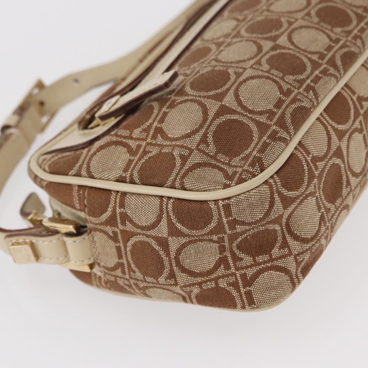 Salvatore Ferragamo Gancini Shoulder Bag Canvas Leather Beige Gold Auth BA7672