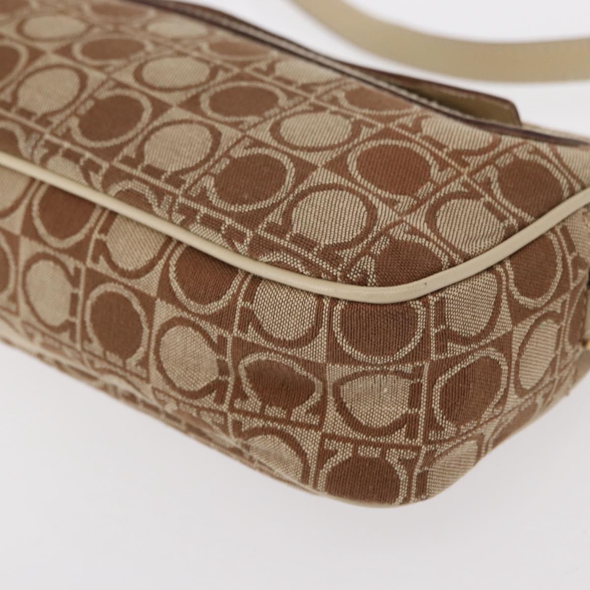 Salvatore Ferragamo Gancini Shoulder Bag Canvas Leather Beige Gold Auth BA7672