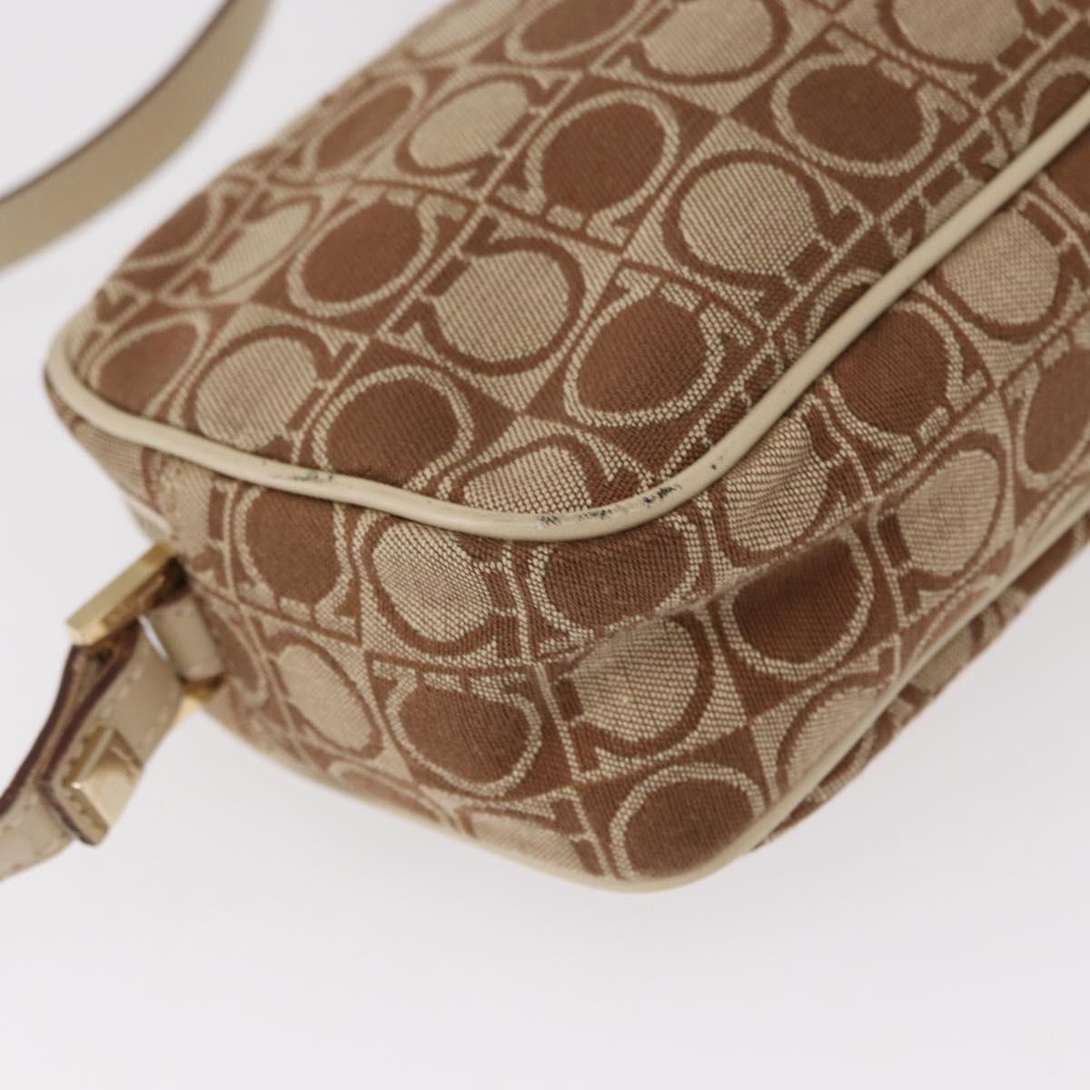 Salvatore Ferragamo Gancini Shoulder Bag Canvas Leather Beige Gold Auth BA7672