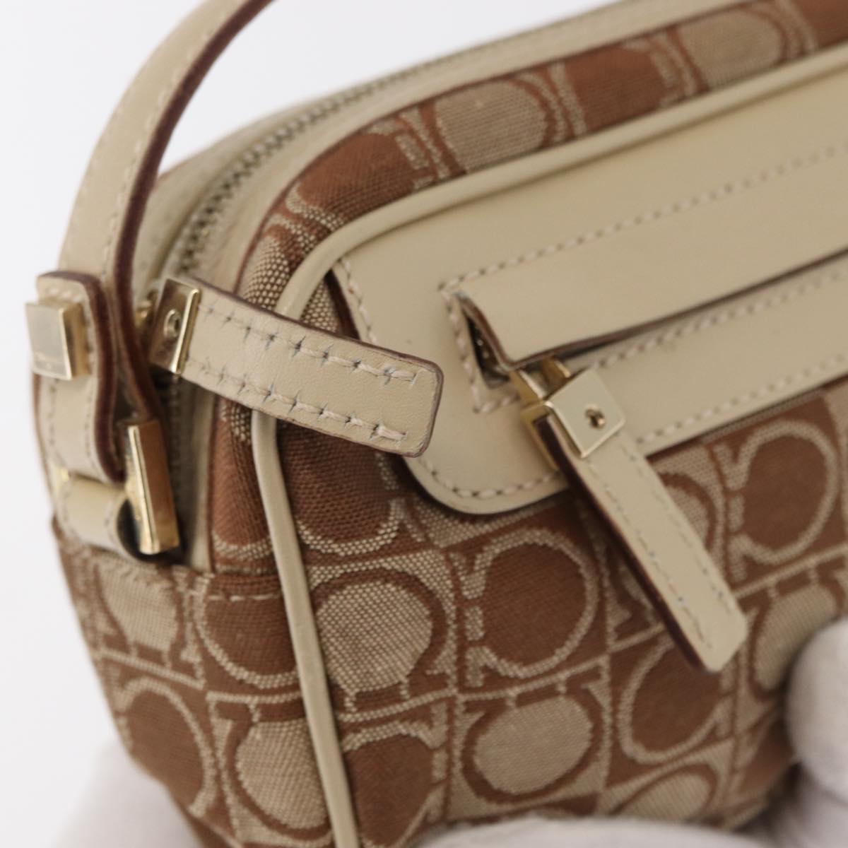 Salvatore Ferragamo Gancini Shoulder Bag Canvas Leather Beige Gold Auth BA7672