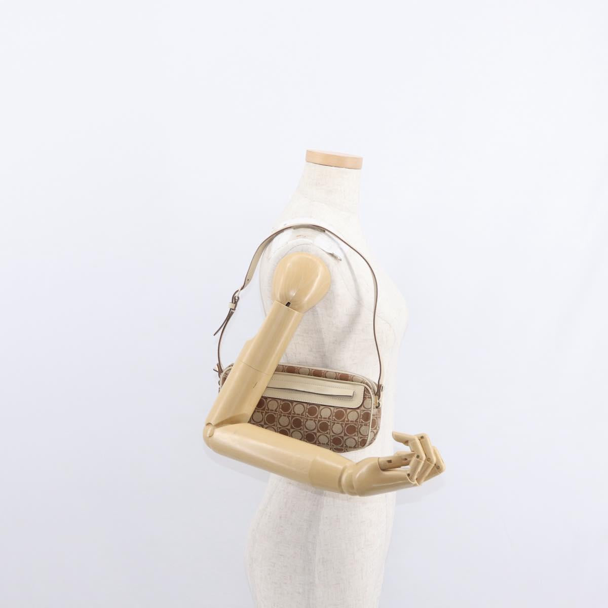 Salvatore Ferragamo Gancini Shoulder Bag Canvas Leather Beige Gold Auth BA7672