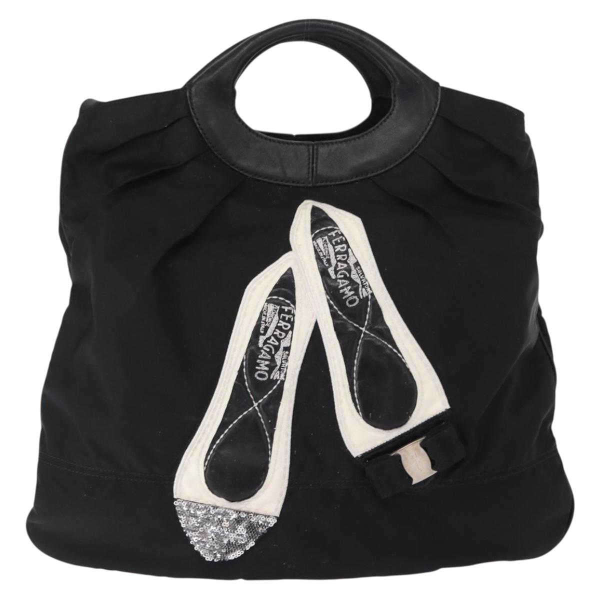 Salvatore Ferragamo Vala Hand Bag Nylon Leather 2way Black Silver Auth BA7673