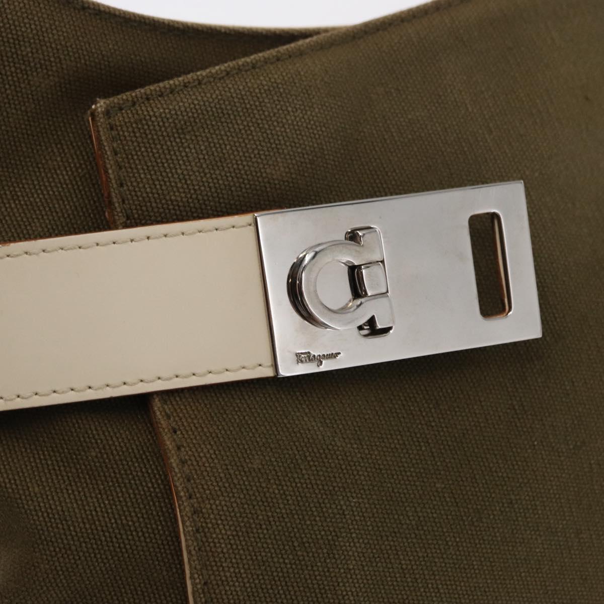 Salvatore Ferragamo Gancini Shoulder Bag Canvas Beige Silver Auth BA7674