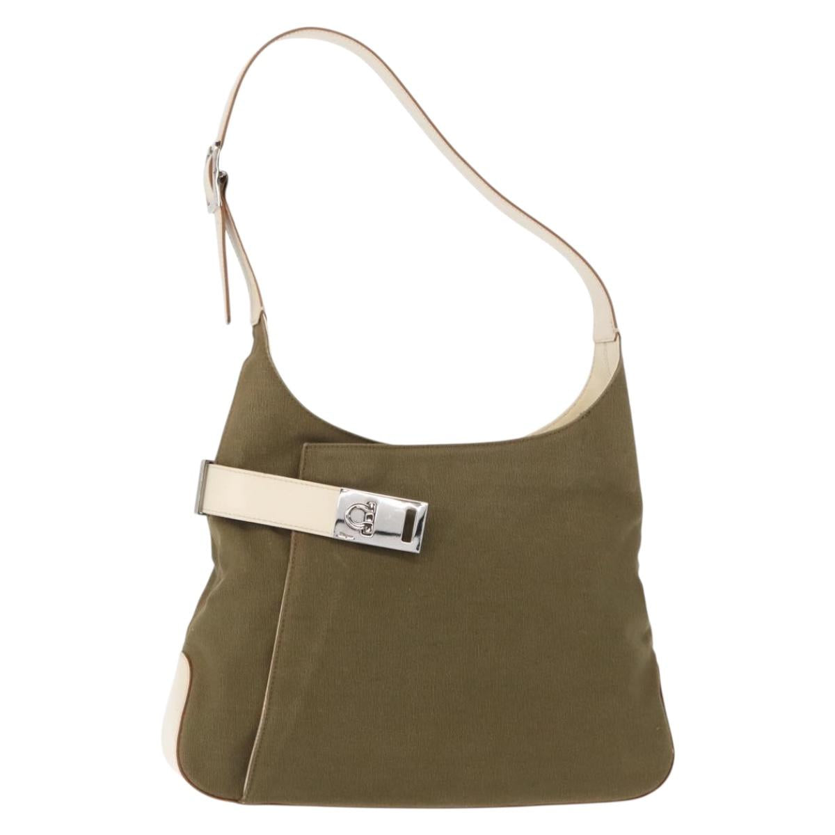 Salvatore Ferragamo Gancini Shoulder Bag Canvas Beige Silver Auth BA7674