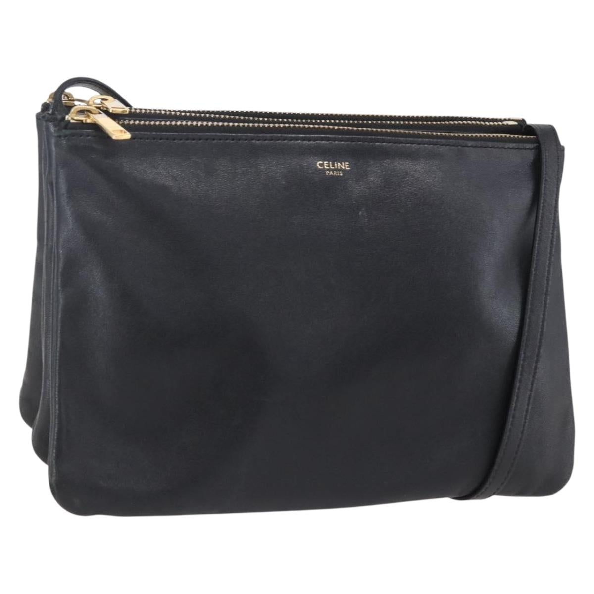 CELINE Trio Small Shoulder Bag Leather Black Gold Auth BA7683
