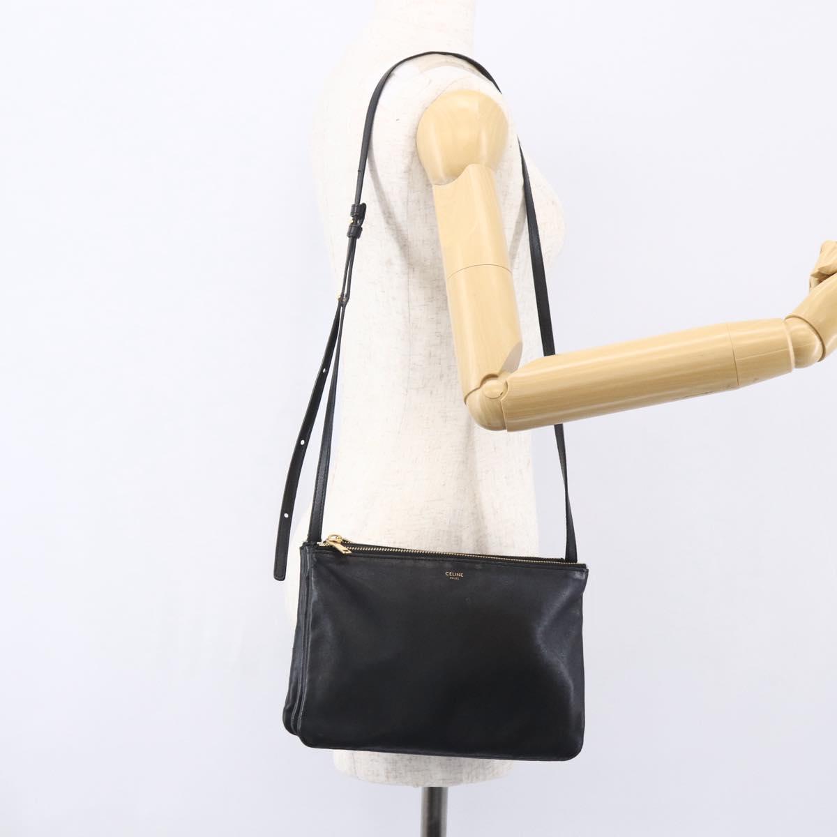 CELINE Trio Small Shoulder Bag Leather Black Gold Auth BA7683
