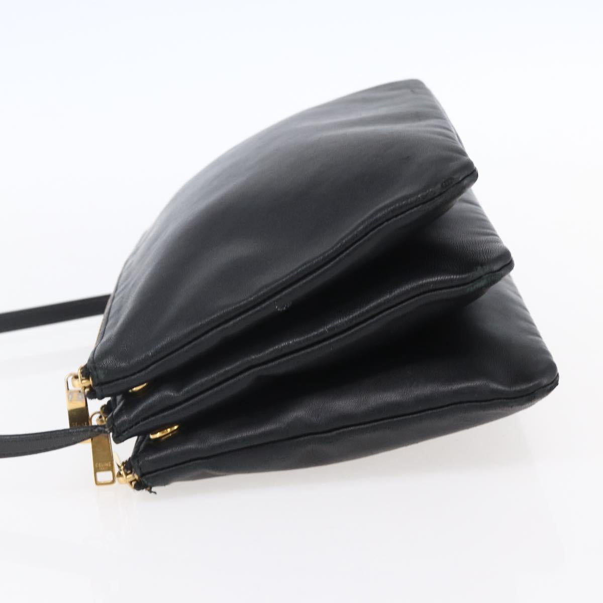 CELINE Trio Small Shoulder Bag Leather Black Gold Auth BA7683