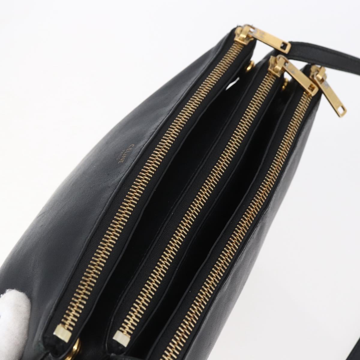 CELINE Trio Small Shoulder Bag Leather Black Gold Auth BA7683