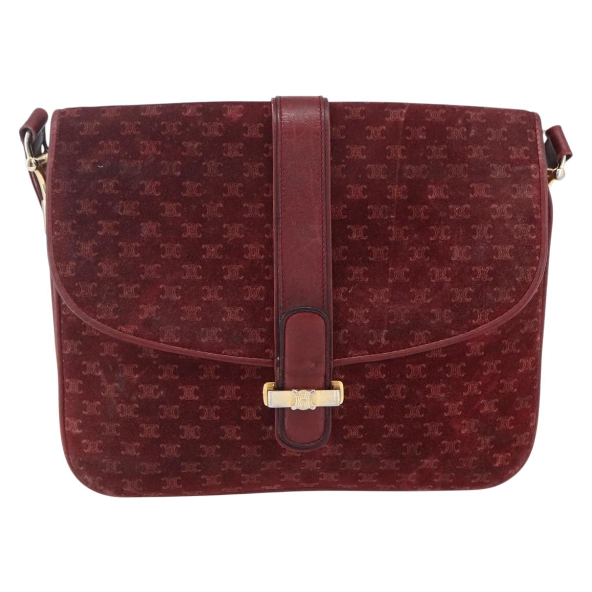 CELINE Macadam Canvas Shoulder Bag Suede Bordeaux Gold Auth BA7684