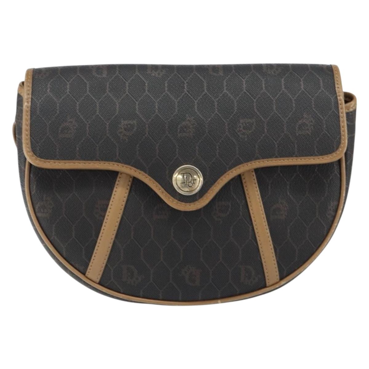 Christian Dior Honeycomb Canvas Shoulder Bag PVC Black Gold Auth BA7695