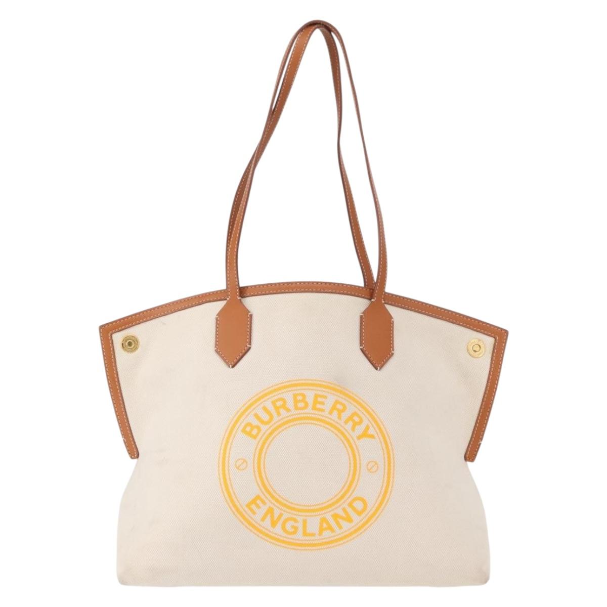 BURBERRY Tote Bag Canvas Leather White Gold Auth BA7702