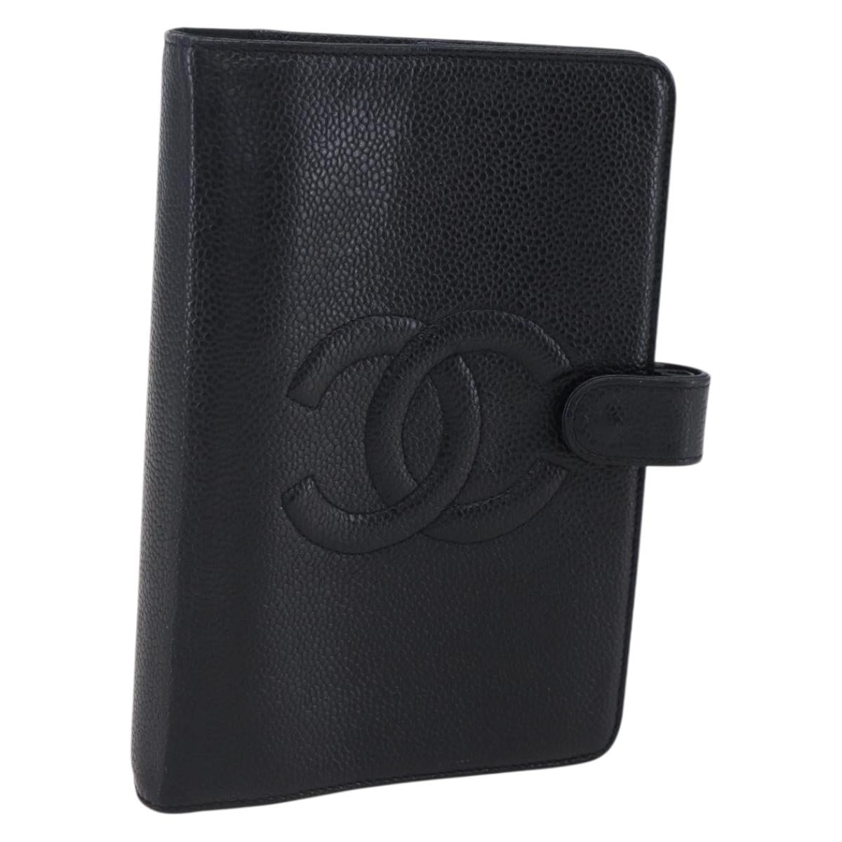 CHANEL Agenda Day Planner Cover Caviar Skin Black Gold CC Auth BA7735