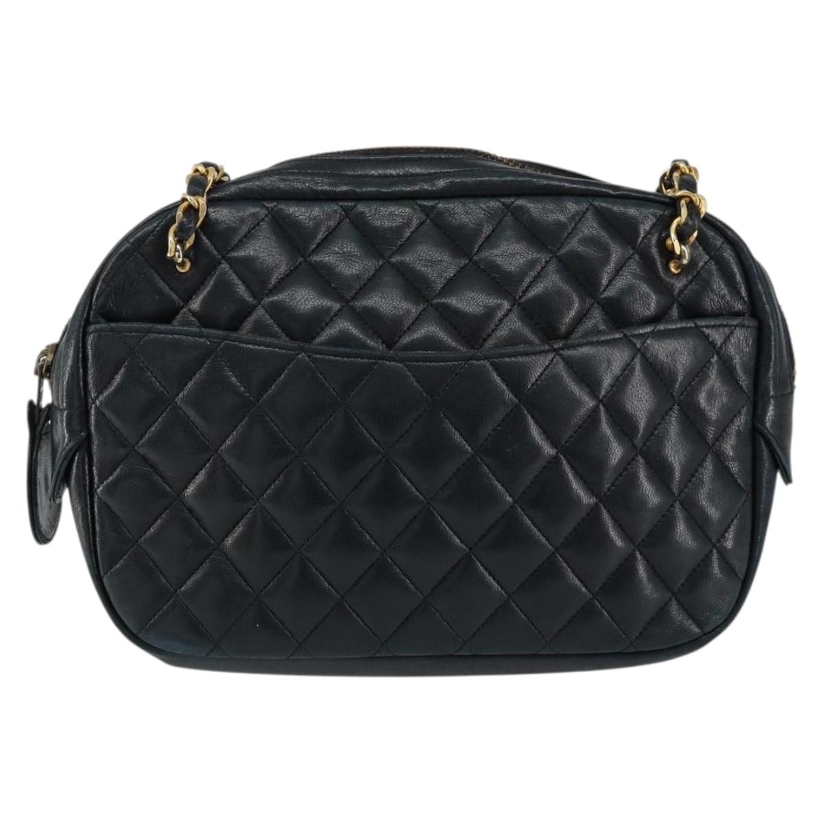 CHANEL Matelasse Chain Shoulder Bag Lamb Skin Navy Gold CC Auth BA7749