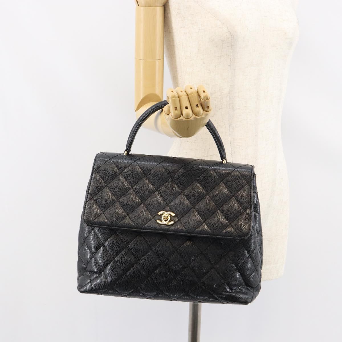 CHANEL Hand Bag Caviar Skin Black Gold CC Auth BA7750