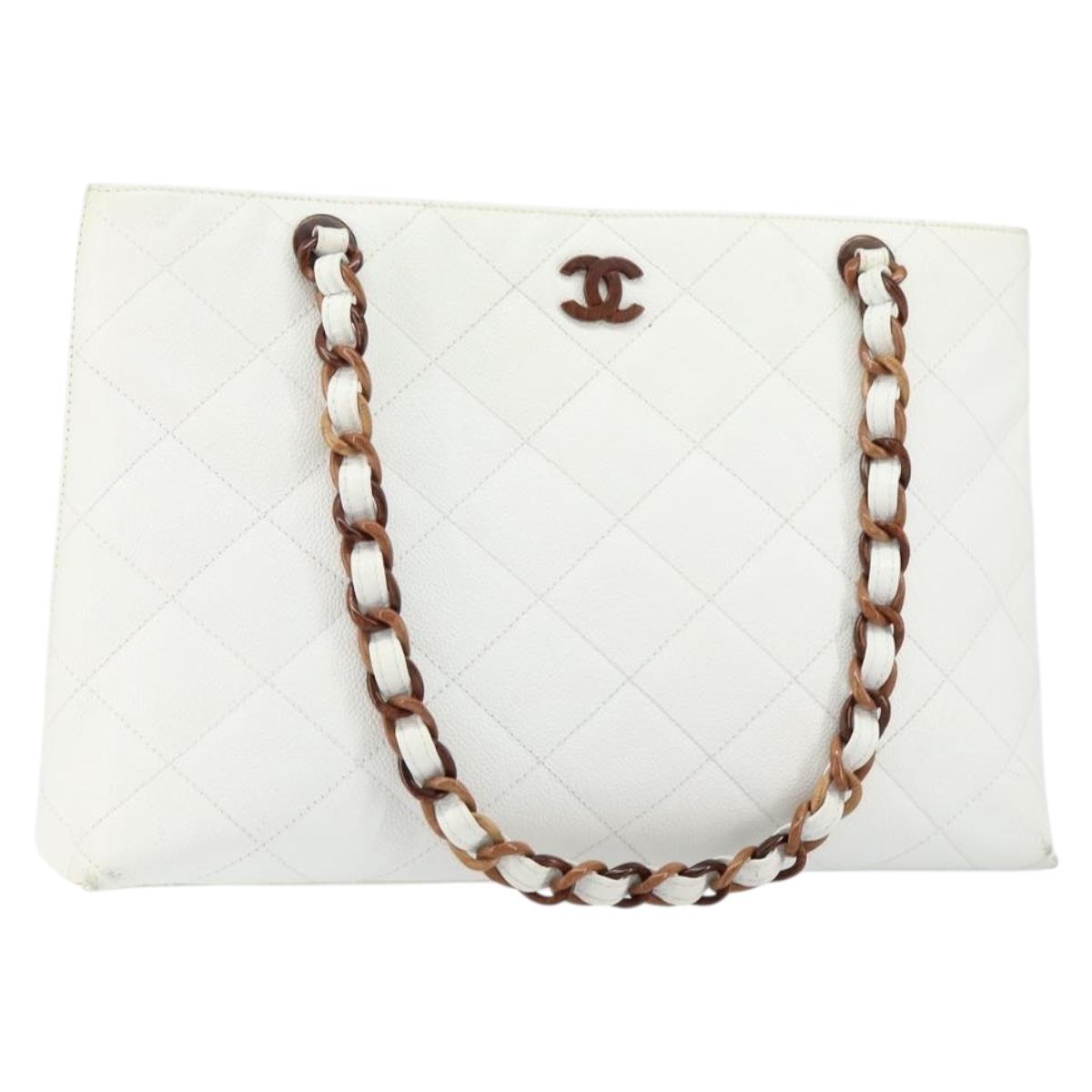 CHANEL Tote Bag Caviar Skin White Gold CC Auth BA7751