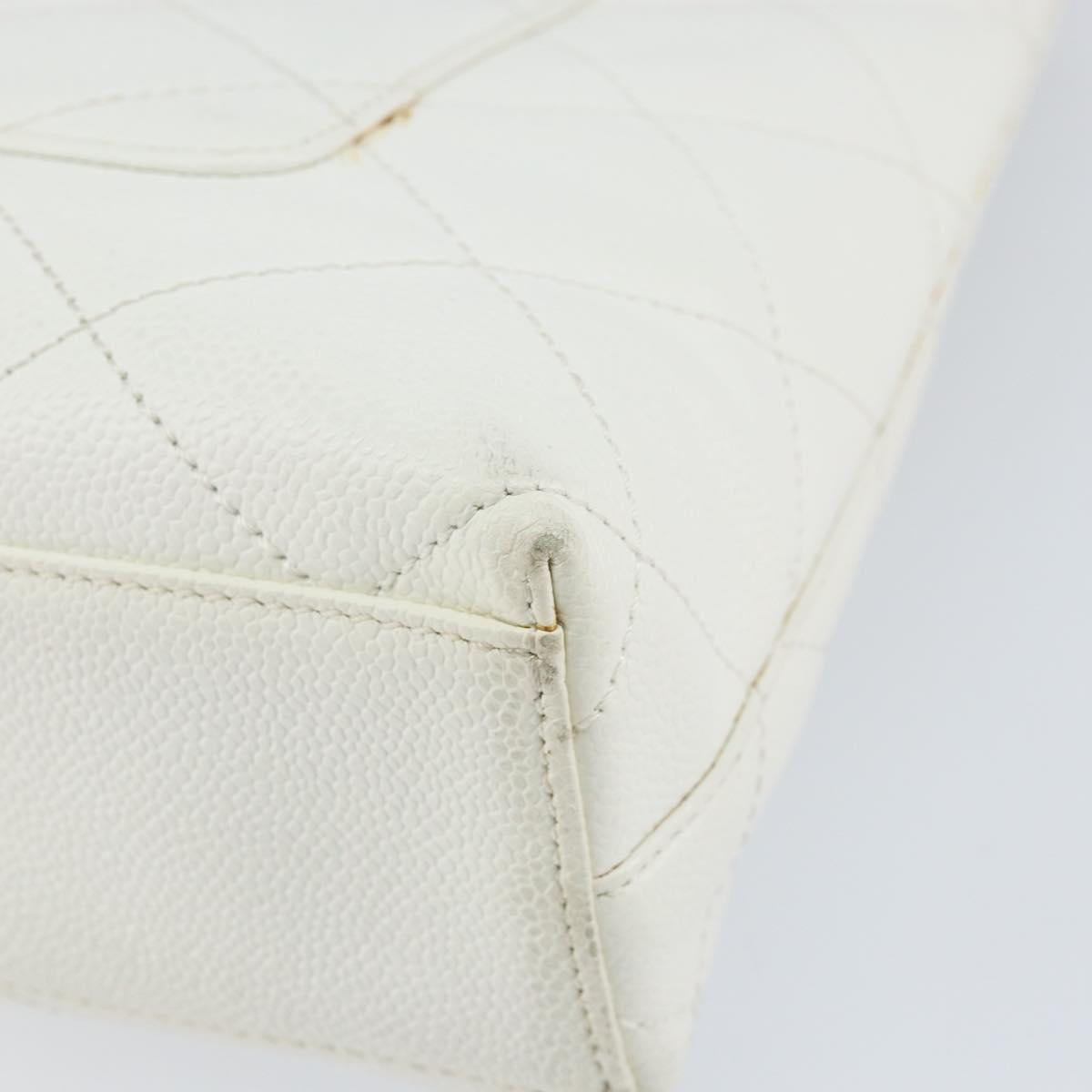 CHANEL Tote Bag Caviar Skin White Gold CC Auth BA7751