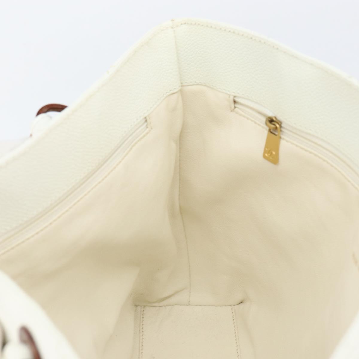 CHANEL Tote Bag Caviar Skin White Gold CC Auth BA7751