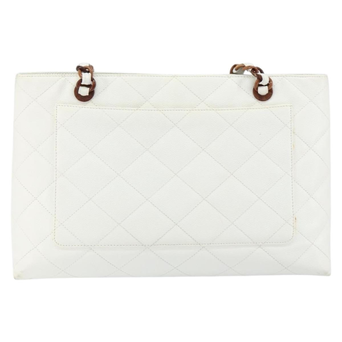 CHANEL Tote Bag Caviar Skin White Gold CC Auth BA7751