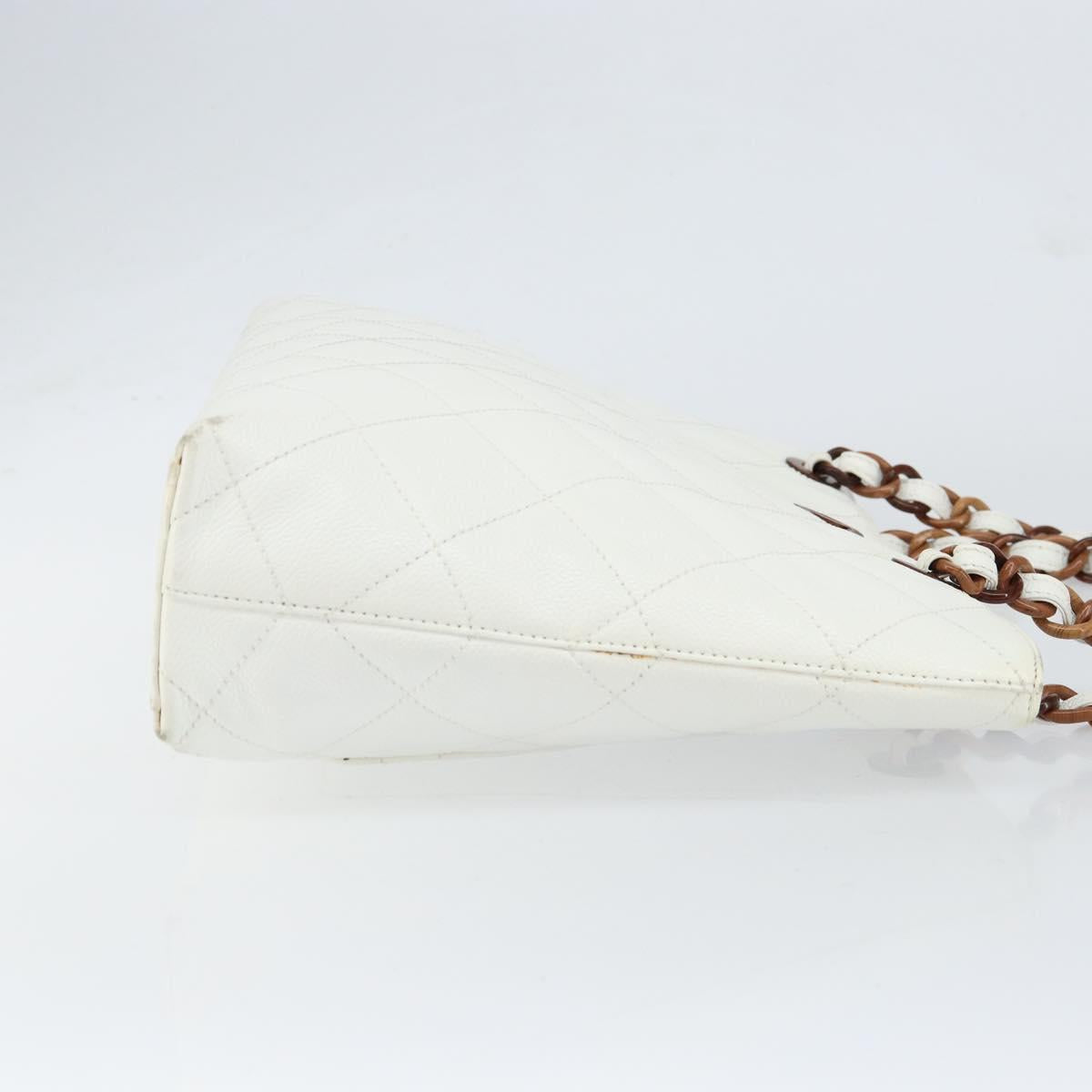 CHANEL Tote Bag Caviar Skin White Gold CC Auth BA7751