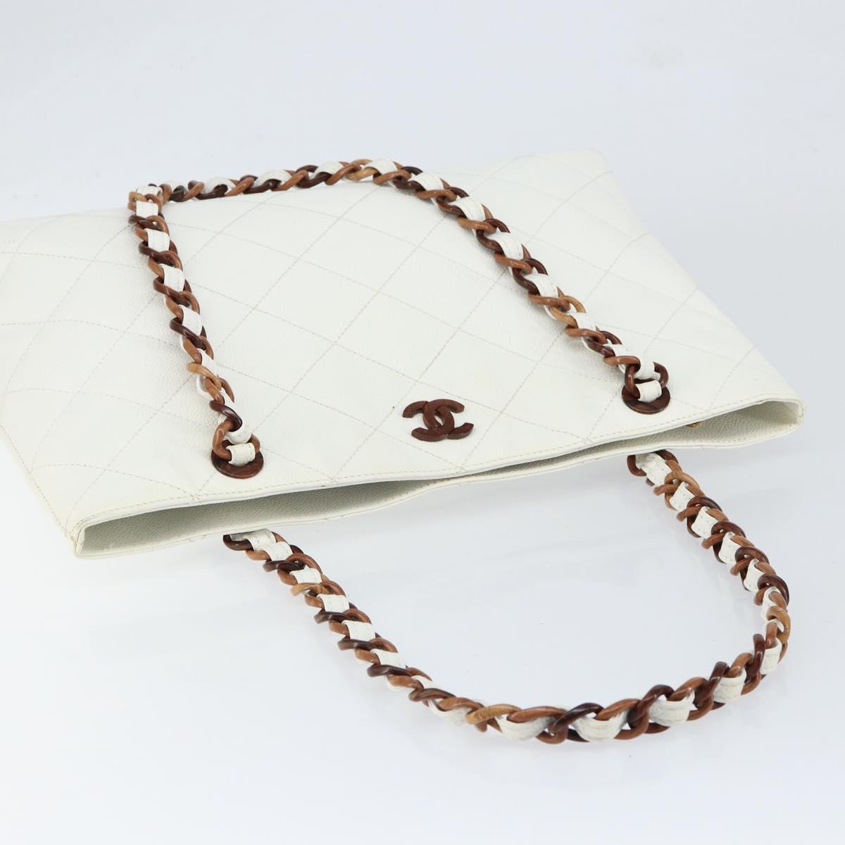 CHANEL Tote Bag Caviar Skin White Gold CC Auth BA7751