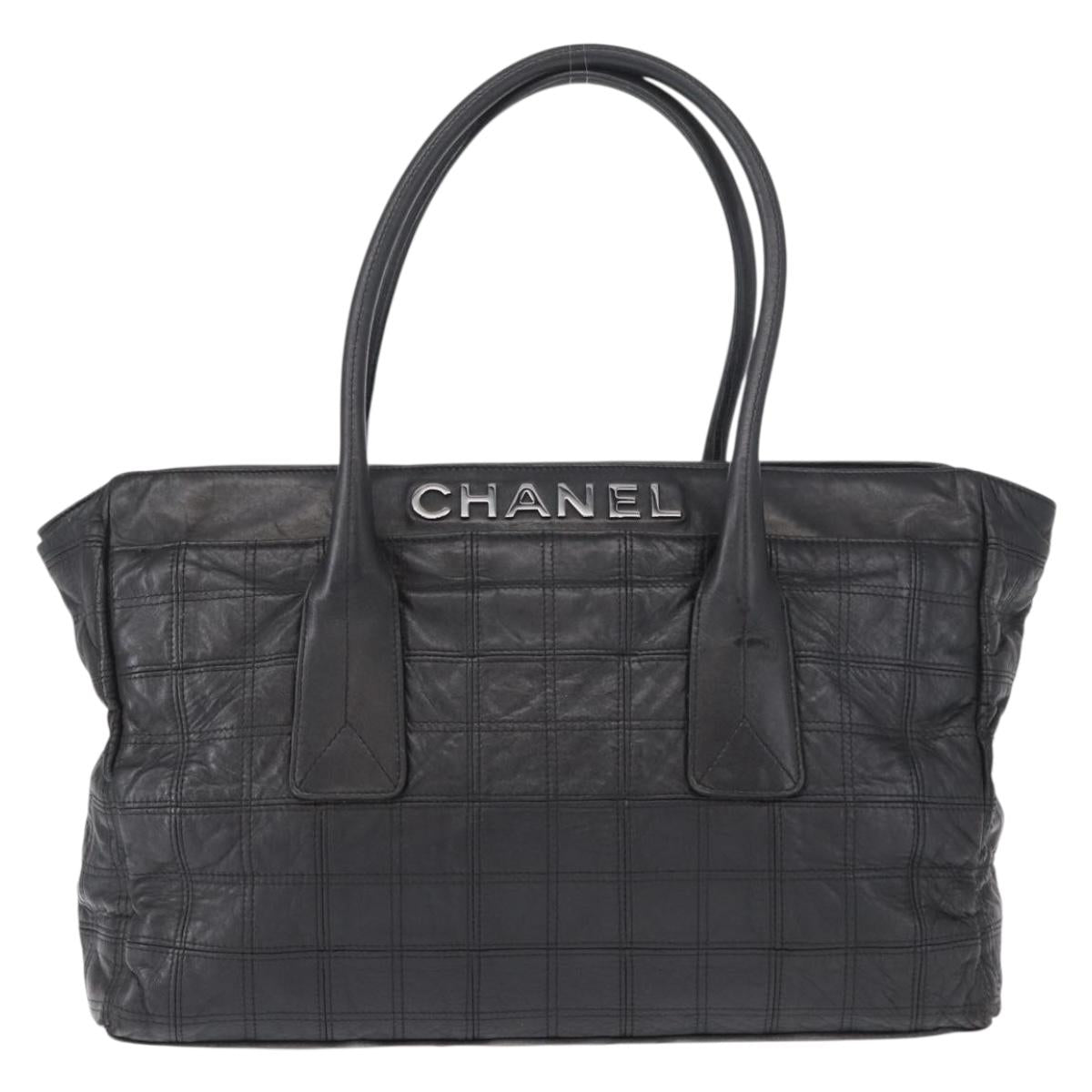 CHANEL Choco Bar Tote Bag Leather Black Silver CC Auth BA7753