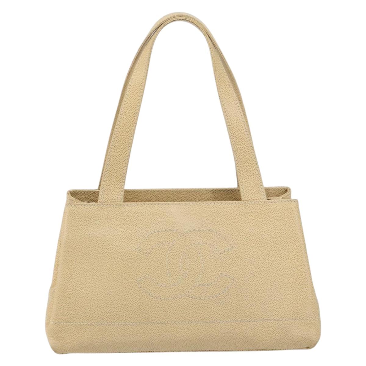 CHANEL Tote Bag Caviar Skin Beige Gold CC Auth BA7755