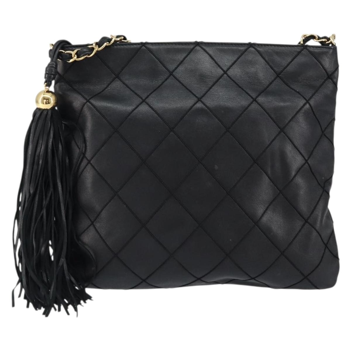 CHANEL Matelasse Chain Shoulder Bag Lamb Skin Black Gold CC Auth BA7756