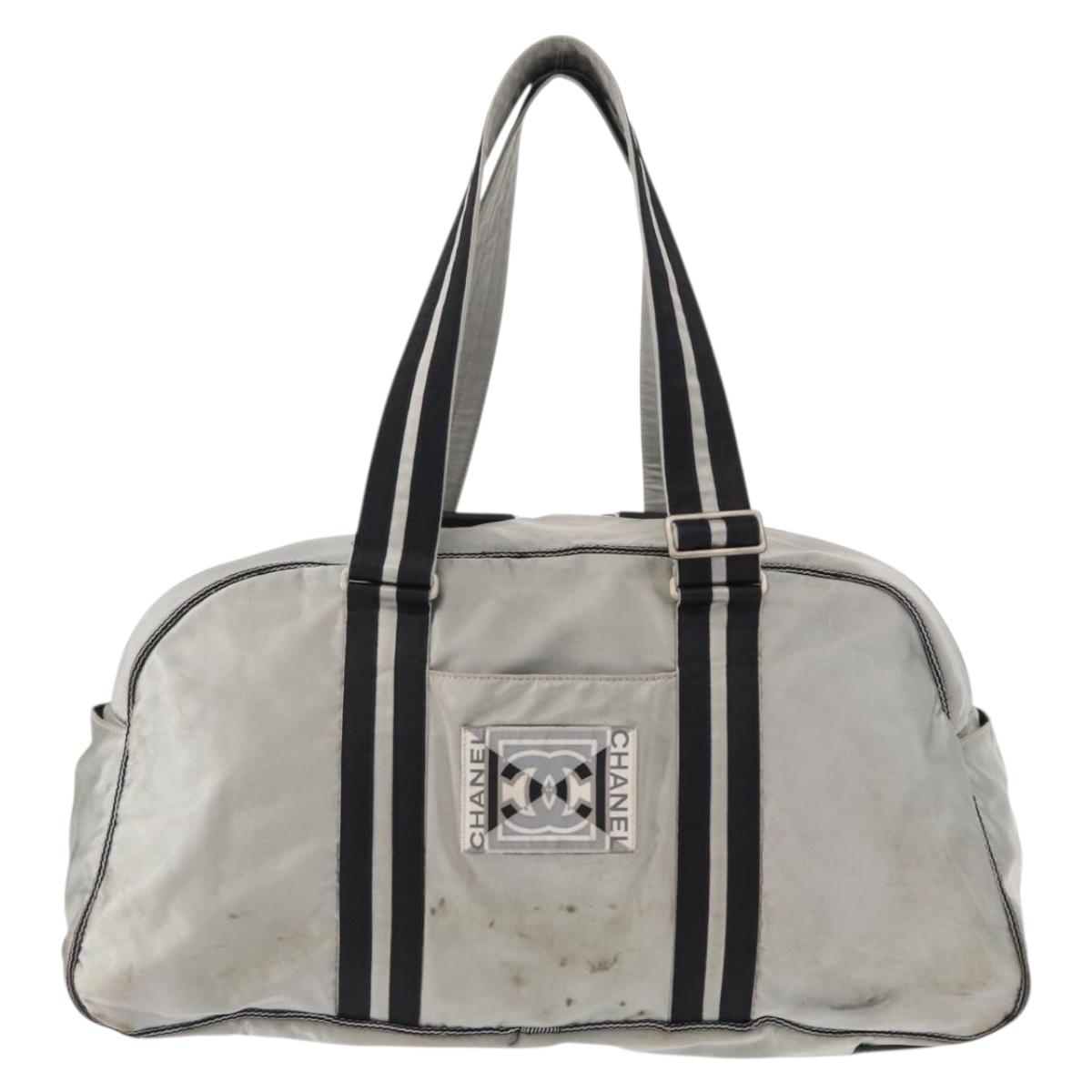 CHANEL Sports Line Boston Bag Nylon Silver CC Auth BA7758