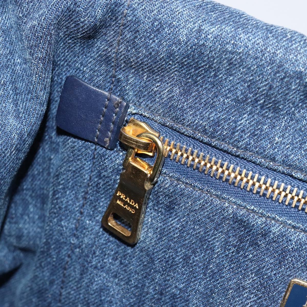 PRADA Canapa MM Hand Bag Denim Blue Gold Auth BA7761