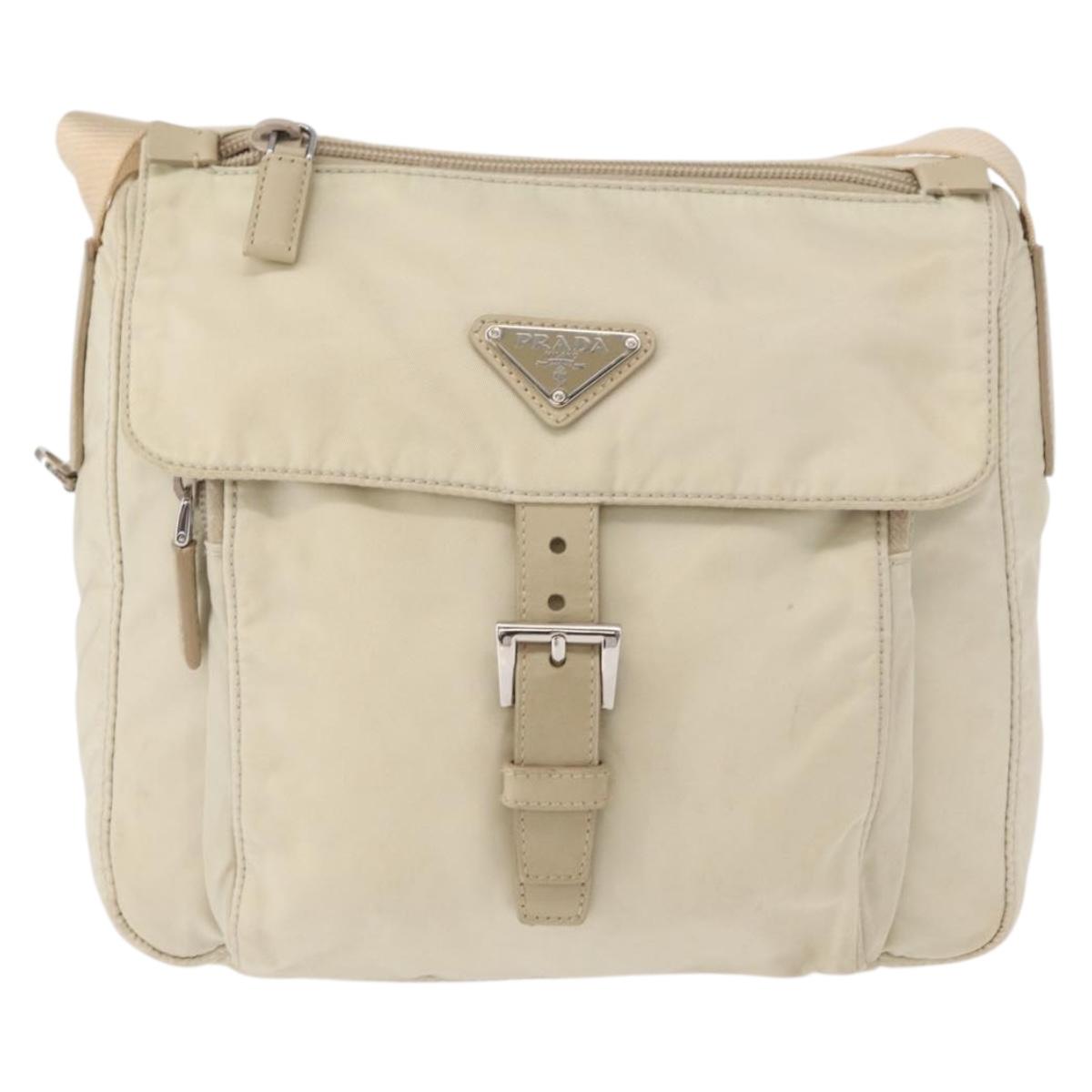 PRADA Shoulder Bag Nylon Beige Silver Auth BA7762