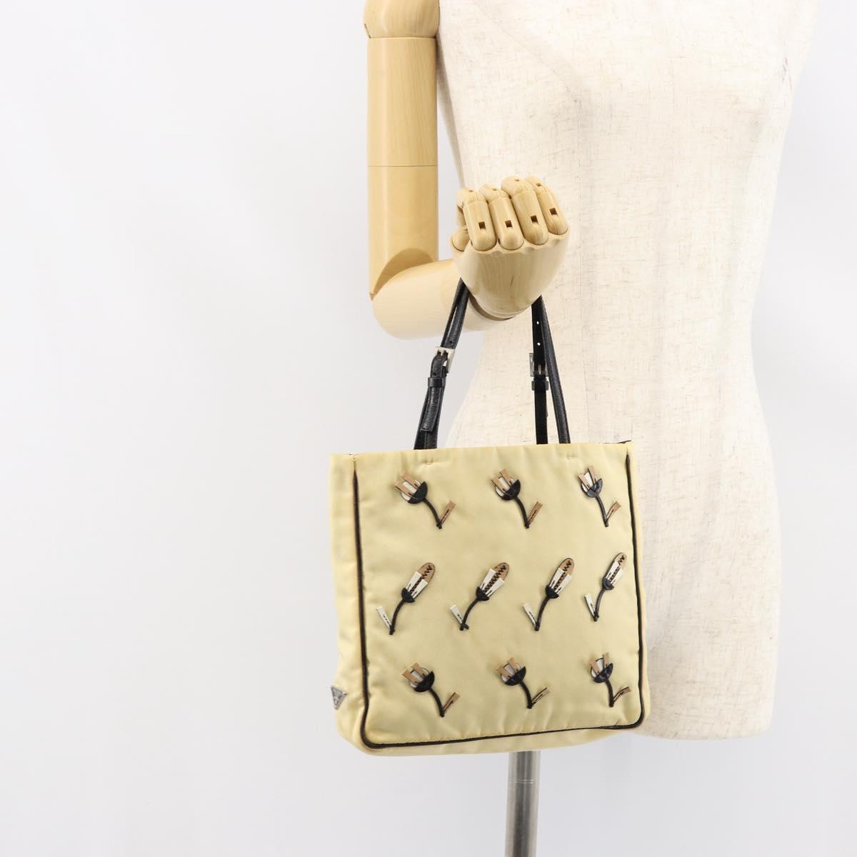 PRADA Hand Bag Nylon Leather Beige Silver Auth BA7765