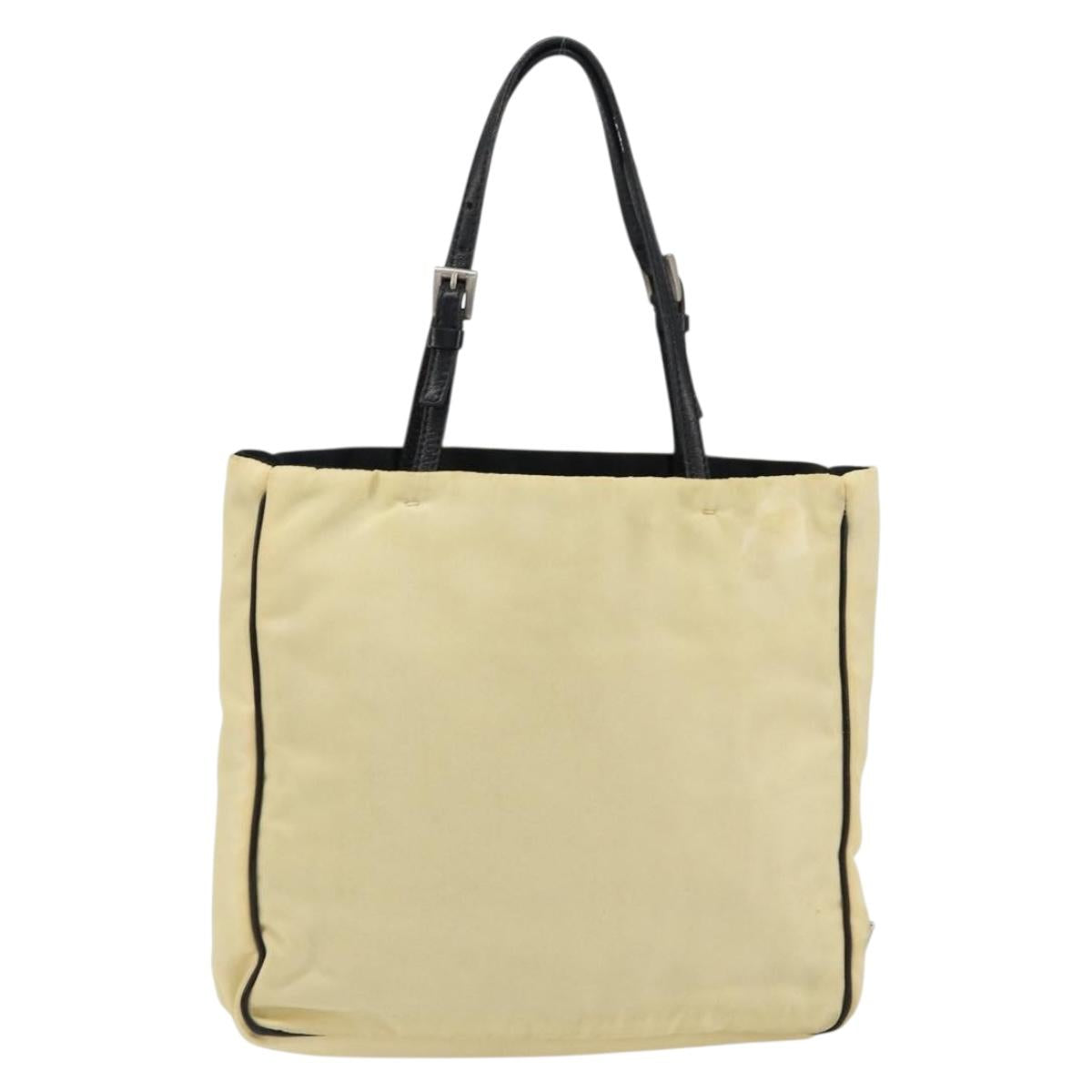 PRADA Hand Bag Nylon Leather Beige Silver Auth BA7765