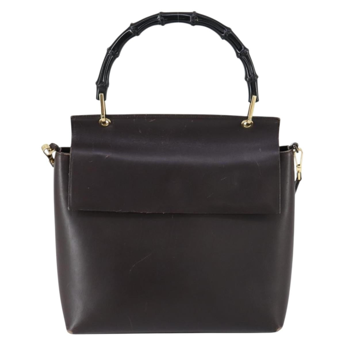 GUCCI Bamboo Hand Bag Leather 2way Brown Gold 001 1886 Auth BA7787