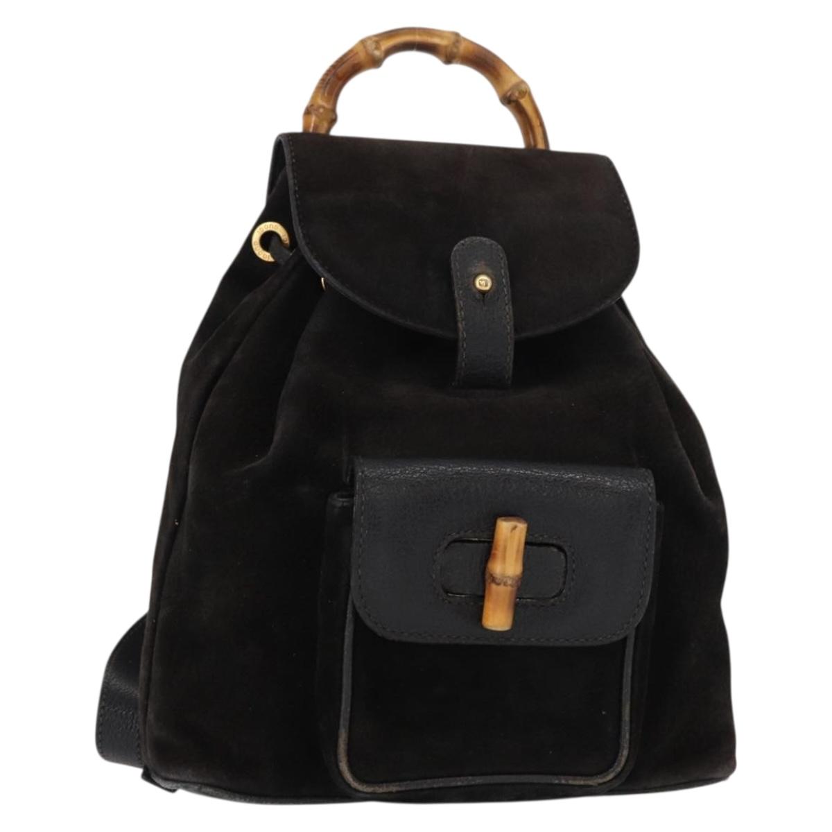 GUCCI Bamboo Backpack Suede Leather Black Gold 003 1705 0030 Auth BA7789