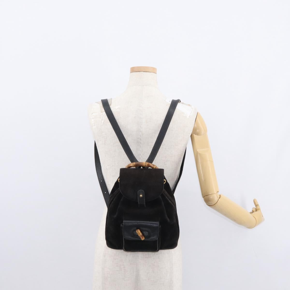 GUCCI Bamboo Backpack Suede Leather Black Gold 003 1705 0030 Auth BA7789