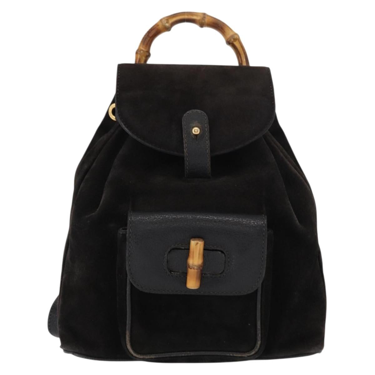 GUCCI Bamboo Backpack Suede Leather Black Gold 003 1705 0030 Auth BA7789