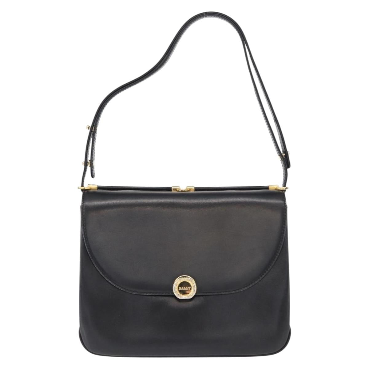 BALLY Shoulder Bag Leather Black Gold Auth BA7813